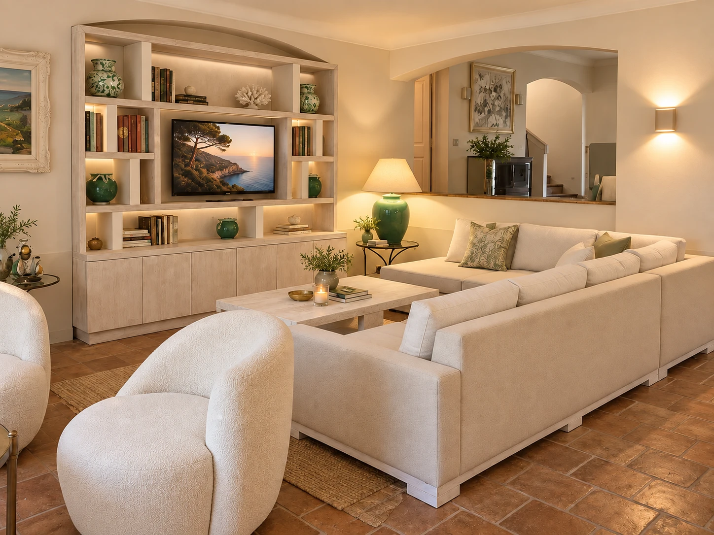 The same side furnished: a deep cream sectional sofa around a travertine coffee table, with a rounded armchair in front