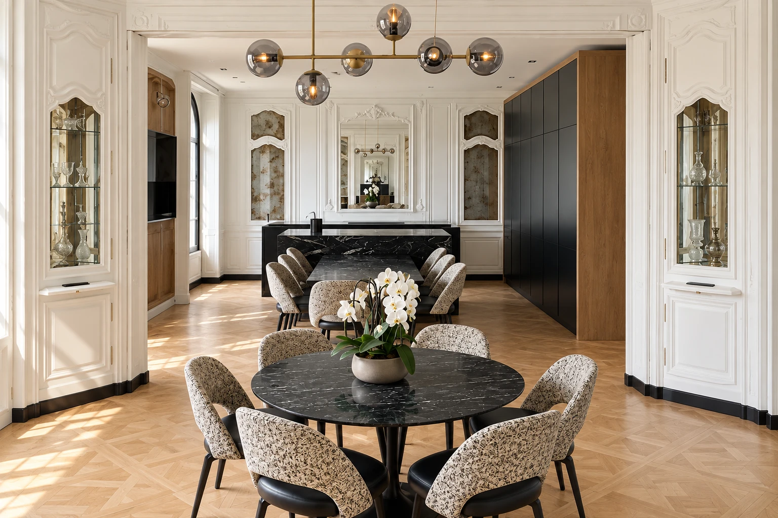 The dining room opening onto the kitchen: a round black marble table with upholstered chairs, a long marble table beyond and a full-height black and oak cabinet wall