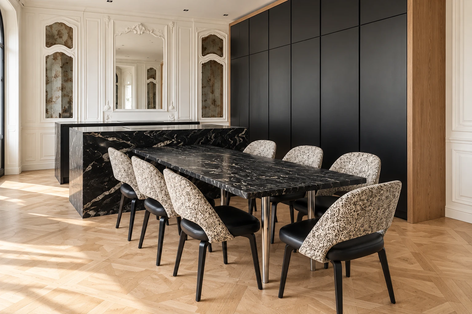 A long black marble dining table on steel legs, set against the kitchen island, with eight upholstered chairs