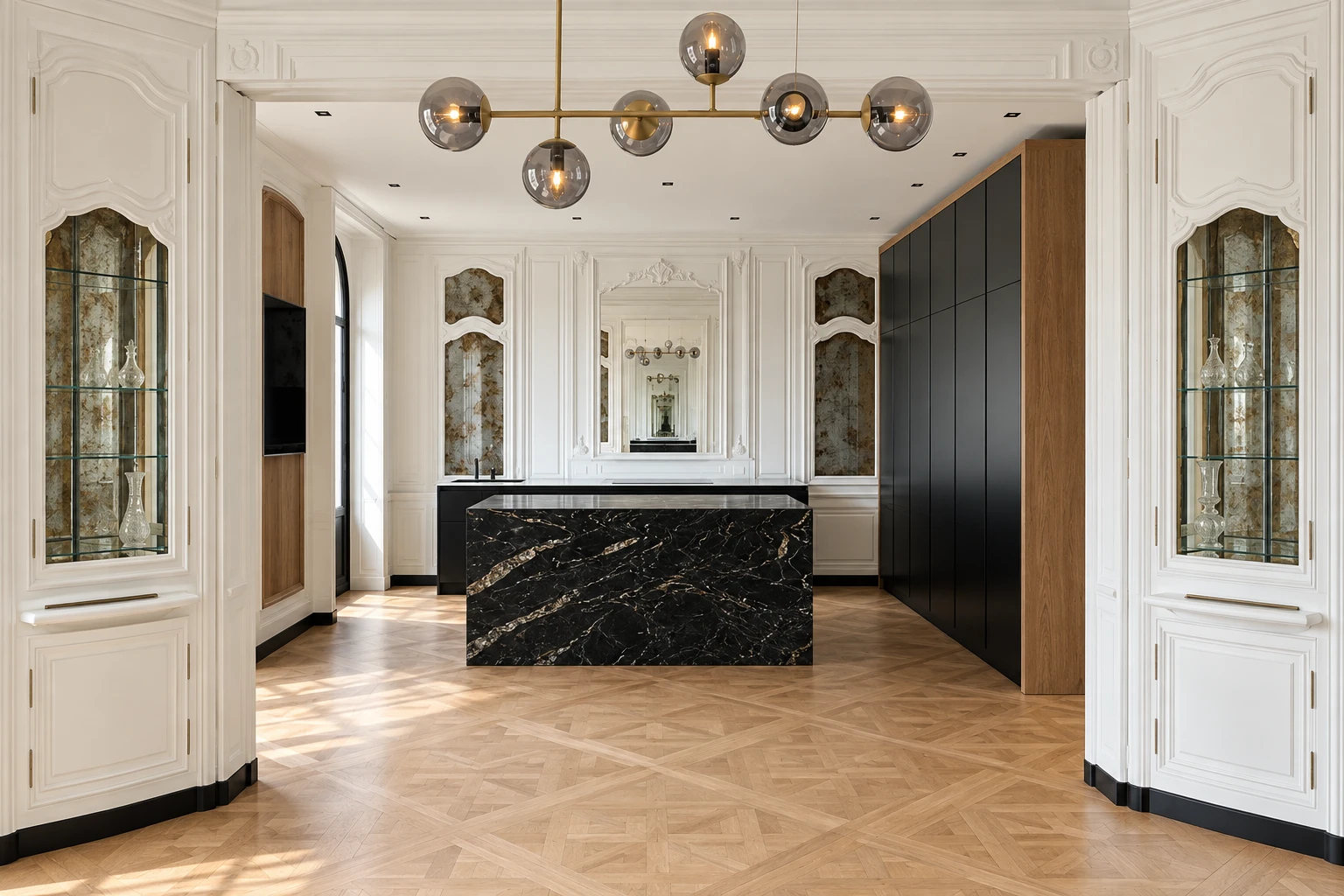 The kitchen: a black marble island with gold veining between panelled walls and the black and oak cabinet wall