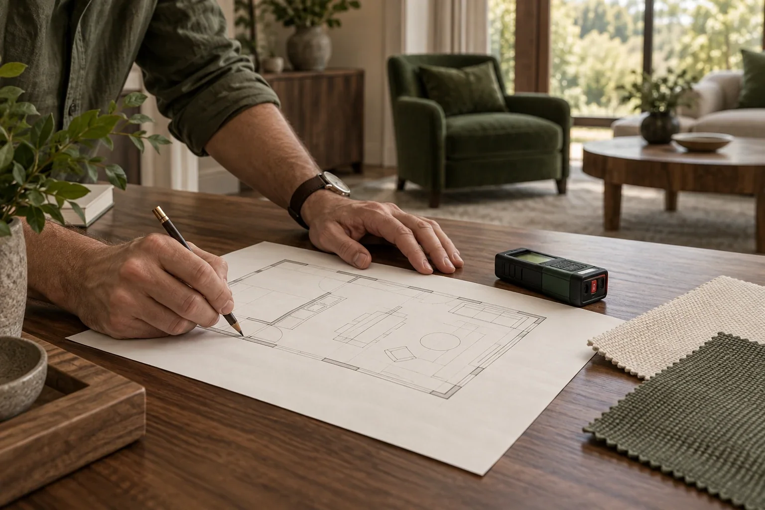 A floor plan being drawn up by hand beside a laser measure and fabric samples