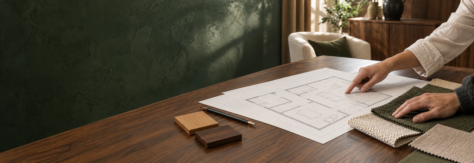 A hand pointing at a floor plan on a walnut table, beside oak and walnut samples and green and cream fabrics