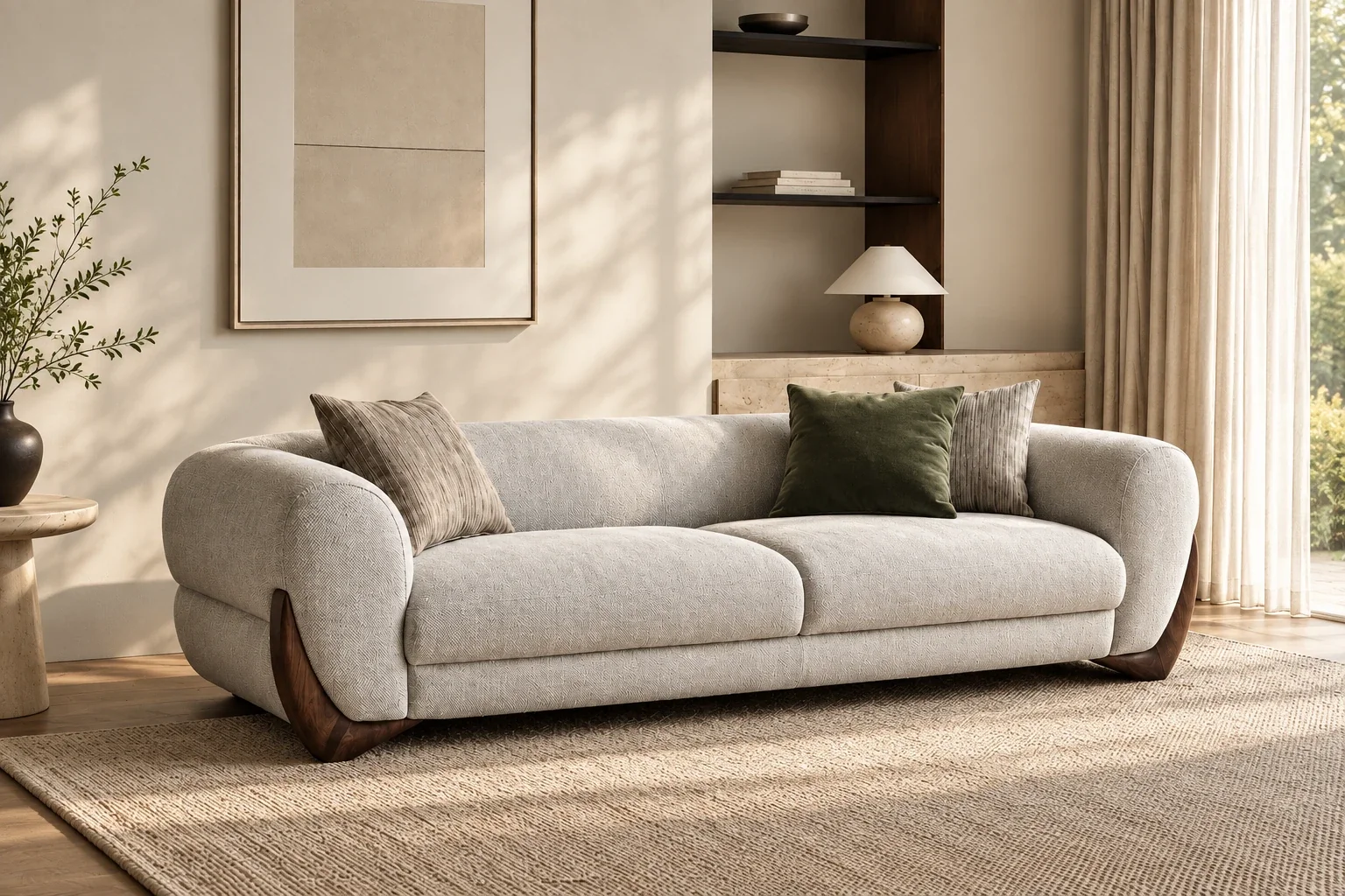 A finished bouclé sofa on sculpted walnut feet, in place in a sunlit room