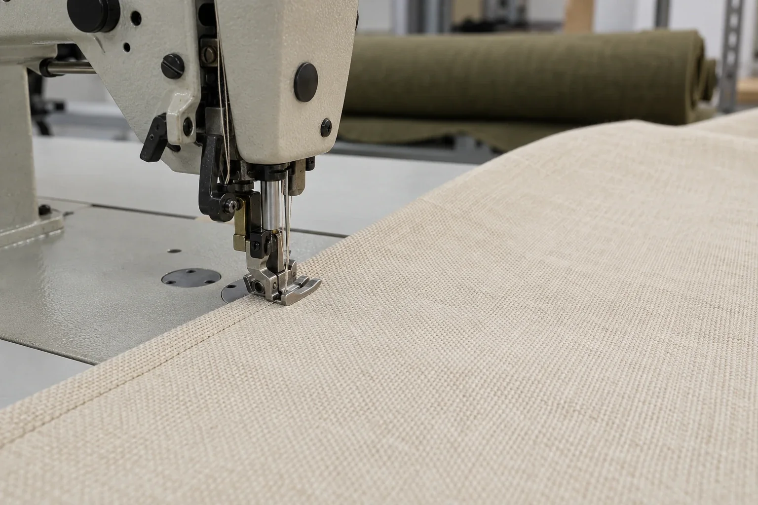 An upholstery seam being sewn in linen in the workshop
