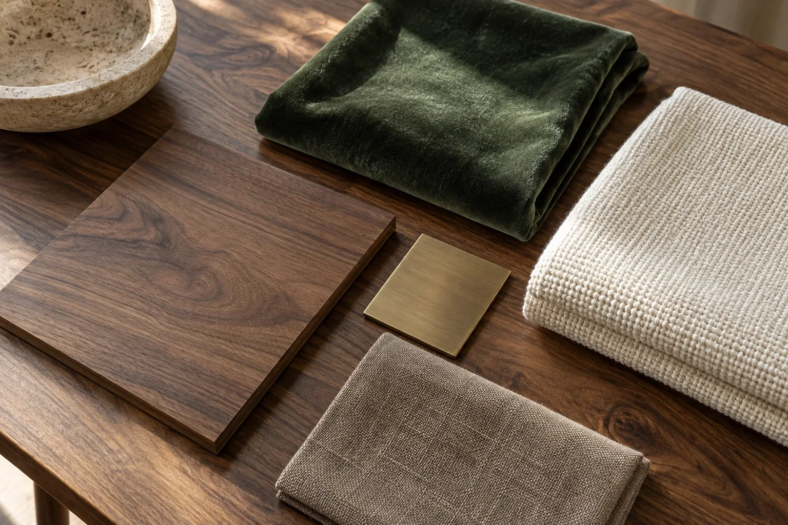 Samples of walnut, green velvet, brushed brass, linen and bouclé laid out on a table