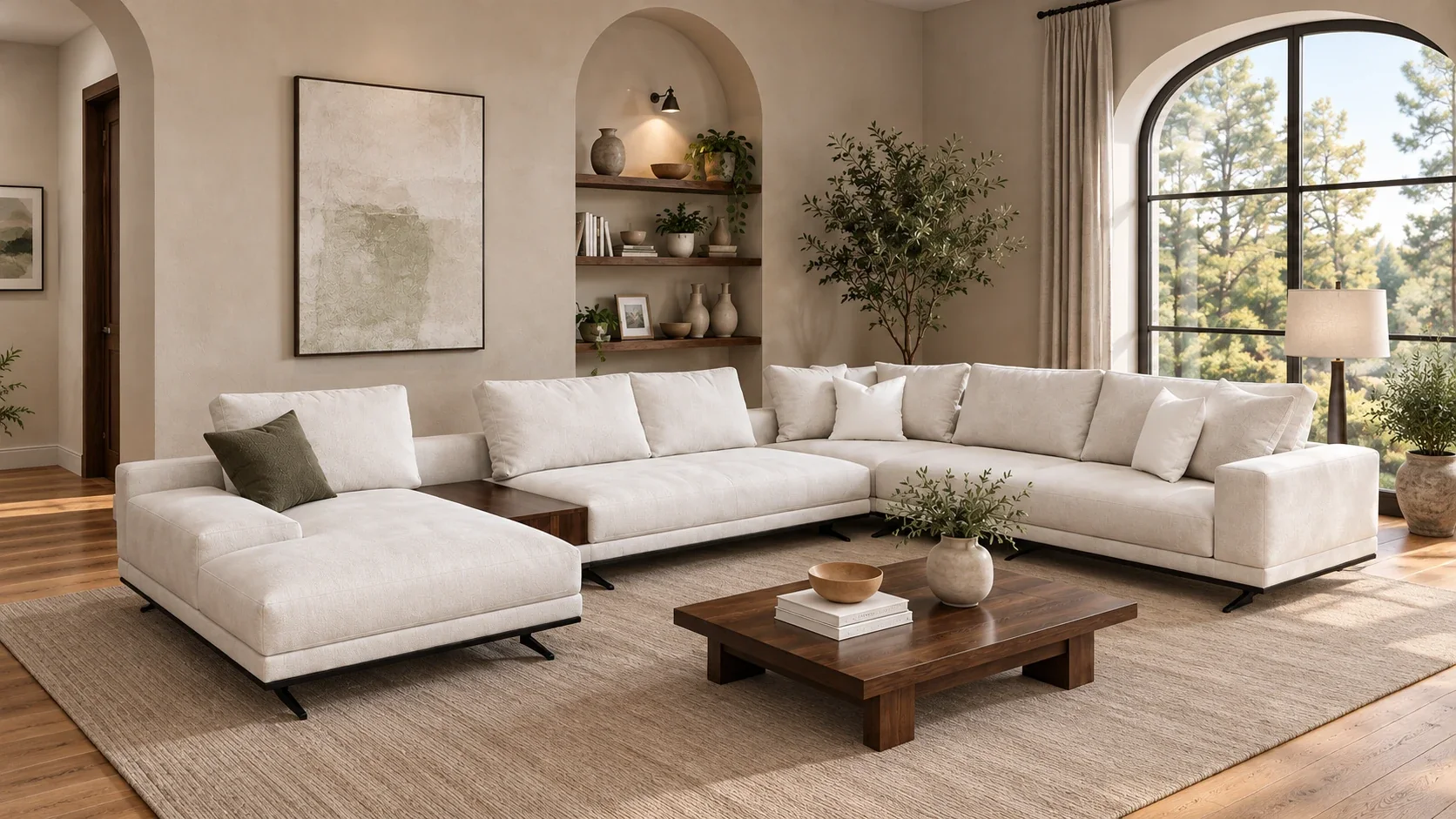 A photorealistic 3D visualisation of an ivory sectional sofa in an arched living room
