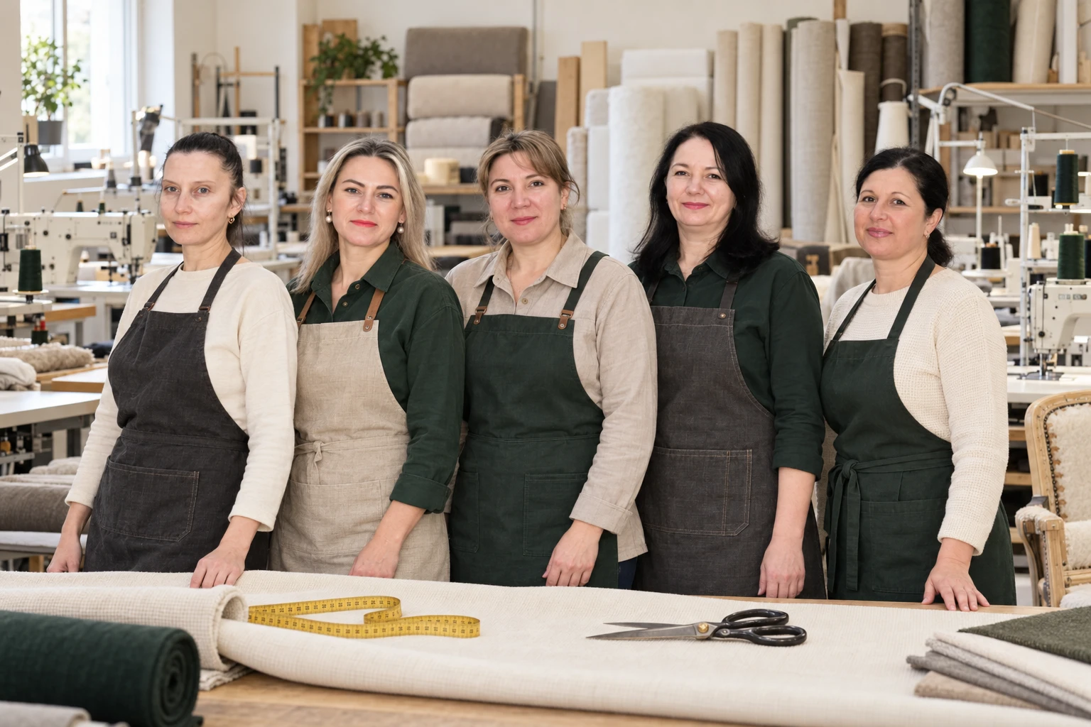 The seamstresses of Creator at the cutting table in the upholstery workshop